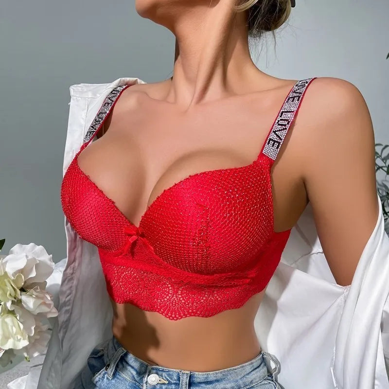 Rhinestone Strap Scallop Trim Bra