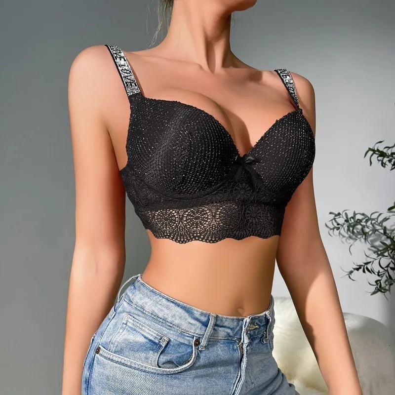 Rhinestone Strap Scallop Trim Bra