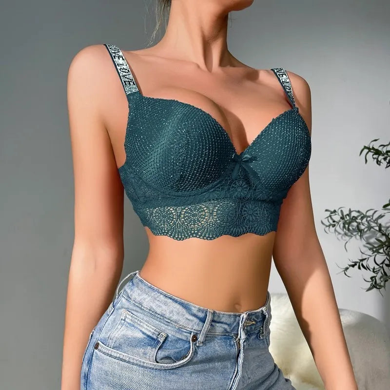 Rhinestone Strap Scallop Trim Bra